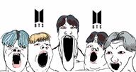 5soyjaks blue_hair bts hair korea kpop open_mouth soyjak trend:soyjak_trio variant:a24_slowburn_soyjak variant:gapejak variant:markiplier_soyjak variant:soyak variant:tony_soprano_soyjak // 1092x582 // 86.7KB