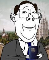 angel arm bible book brown_hair christianity clothes ear glasses hair hand holding_book holding_object irl_background king_james mormonism moroni necktie pastor salt_lake_city smile soyjak statue suit temple text utah variant:protestantjak // 1452x1777 // 1.9MB
