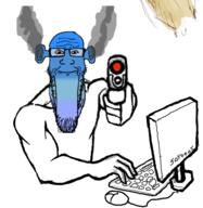 arm bloodshot_eyes blue_skin calm closed_mouth computer computer_mouse ear firearm fume glasses gun hand holding_gun holding_object holding_pistol keyboard ogre_ears pistol smile soyjak stretched_chin stubble text variant:markiplier_soyjak weapon // 493x505 // 107.6KB