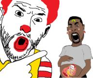 3soyjaks arm beard big_ronald_cock black_skin blush brc bwc closed_mouth clothes clown ear earring glasses hair hand kanye_west mcdonalds nose_piercing open_mouth pointing pregnant red_hair ronald_mcdonald smug soyjak stubble tshirt variant:56jak2 variant:cobson variant:soyak // 716x602 // 99.8KB