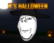 3soyjaks angry artist:crimsonvoidhydra1488 beard black_shirt clothes glasses glowing halloween hat its_over meta:featured moon night pumpkin smile soyjak stubble subvariant:wholesome_soyjak text variant:feraljak variant:gapejak witch // 1250x1000 // 592.0KB