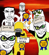 award bicycle billions_must_die clothes explosion fell_for_it_again_award glasses green_eyes hair hazmat_suit incrediblegassy multiple_soyjaks open_mouth pea serious_hat sign smile stubble subvariant:pol_face truth_nuke variant:a24_slowburn_soyjak variant:chudjak variant:peason variant:syndromejak variant:two_pointing_soyjaks // 680x763 // 625.3KB