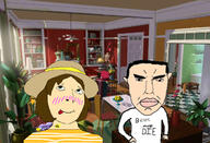 3soyjaks arm barry_bee_benson bee_movie blush brown_hair closed_mouth clothes ear hair hand hat millions_must_die movie queen_of_bees smile soyjak stubble subvariant:chudjak_front subvariant:female_cobson tongue vanessa variant:chudjak variant:cobson variant:impish_soyak_ears white_skin // 1280x874 // 311.4KB