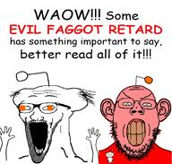 angry antenna arm brain_tumor clenched_teeth closed_mouth ear eyebrows eyes forehead_lines glasses hand hands_up looking_at_you mouth nose nostril open_mouth orange_eyes outline red_skin reddit redditard side_burns snoo soyjak stubble subvariant:gapejak_front subvariant:wewjak teeth variant:gapejak variant:soyak white_background yellow_teeth // 1209x1152 // 121.6KB