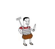 armor chud closed_mouth full_body hair holding_knife holding_object knife roman roman_empire smile smug soyjak text variant:chudjak // 329x297 // 4.1KB