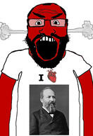 angry balding beard clothes glasses hair heart i_love james_abram_garfield open_mouth red_skin soyjak subvariant:science_lover tshirt variant:markiplier_soyjak variant:ronald // 2819x4096 // 778.3KB