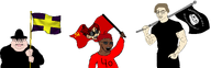 3soyjaks buff dark_skin doomverse fat flag:makhnovshchina flag:soviet_union flag:sweden glasses holding_flag holding_object subvariant:branigger subvariant:muscular_chud2 sunglasses trollface variant:brandon variant:chudjak variant:soyak white_background // 3329x1074 // 605.8KB