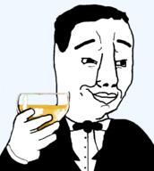 beer bowtie glass hair hand holding_object smile soyjak toast tuxedo variant:chudjak // 896x1000 // 110.8KB