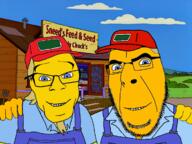 2soyjaks blue_eyes cap chuck closed_mouth clothes drawn_background glasses goatee hair hat no_more_brother_wars shop smile sneed sneed's_feed_and_seed the_simpsons variant:cobson variant:feraljak yellow_skin // 1200x901 // 1.1MB
