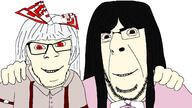 anime bow bowtie brown_eyes closed_mouth clothes fujiwara_no_mokou glasses grey_hair hair hand houraisan_kaguya no_more_brother_wars red_eyes request soyjak stubble touhou variant:cobson variant:feraljak video_game white_skin // 1920x1080 // 184.8KB