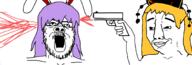 2soyjaks animal_ears anime arm blood closed_mouth clothes firearm glasses gun hair hat holding_gun holding_object holding_pistol junko open_mouth orange_hair pistol purple_hair rabbit_ears reisen_inaba shooting smug soyjak stubble text touhou variant:a24_slowburn_soyjak variant:chudjak video_game weapon // 2034x688 // 144.7KB