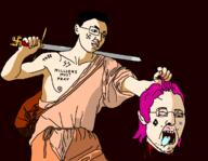 arm bag blood bloodshot_eyes cloak closed_mouth clothes crying david ear glasses hair hand holding_object holding_severed_head holding_sword mustache open_mouth pink_hair queen_of_spades redraw rope severed_head smirk soyjak spade stubble suicide swastika sword tongue tranny variant:bernd variant:chudjak weapon // 1200x931 // 53.5KB