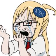 ahoge anime arm blond bloodshot_eyes clothes crying distorted ear female glasses hair hair_ornament hand knowyourmeme kym_tan soyjak stubble variant:soyak white_background // 370x370 // 121.0KB