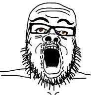 beard brown_eyes glasses looking_up open_mouth series:modern_'jaks soyjak stubble subvariant:modern_a24_slowburn_soyjak teeth thick_eyebrows variant:a24_slowburn_soyjak white_background // 1031x1075 // 18.4KB