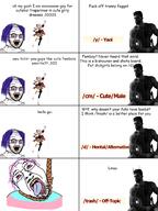 4chan 4soyjaks anime astolfo bloodshot_eyes clothes cm_(4chan) comic crazed crying d_(4chan) fate_grand_order femboy flag furry gigachad glasses hair hanging makeup mustache open_mouth purple_hair rope soyjak stubble subvariant:crazed_troonjak subvariant:soyak_(crazed) suicide text tongue tranny trash_(4chan) variant:bernd variant:soyak y_(4chan) yellow_teeth // 1200x1600 // 674.6KB