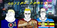 20ϪϪ 3soyjaks african_text aryan award badge biggest_aryan_award bliss blond blue_eyes bougainville brown_hair car city cyberpunk east_african_federation english_text flag:bougainville flag:east_african_federation glasses looking_at_you looking_away mars mars_colony mouth mouth_closed muscles night nose subvariant:euroaryan subvariant:mexiaryan subvariant:muscular_chud thrembo variant:chudjak variant:markiplier_soyjak variant:meximutt yellow_hair // 2410x1182 // 3.3MB