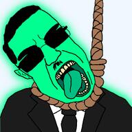 ack black_jacket central_intelligence_agency clothes crying federal_bureau_of_investigation glasses glowie glowing green_skin hair hanging necktie noose rope rotten_teeth subvariant:patrick suit suit_and_tie sunglasses tongue variant:chudjak white_shirt // 1120x1120 // 129.9KB