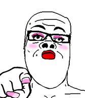 blush closed_mouth glasses hand makeup pointing pointing_at_viewer soyjak tranny variant:a24_slowburn_soyjak // 454x520 // 26.3KB