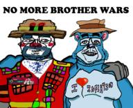 2soyjaks andrew_dobson animal architect balloon bear blue blue_hair blue_skin clothes clown colorful ear eat friendship full_body glasses hand hat heart i_love inflation_fetish meta:tagme no_more_brother_wars open_mouth snout soyjak text uniform variant:sidjak // 633x512 // 255.9KB