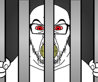 angry bloodshot_eyes clenched_teeth front_facing glasses hand holding_object looking_at_you prison_cell red_eyes soyjak stubble subvariant:feraljak_front variant:feraljak yellow_teeth // 1230x1025 // 72.7KB