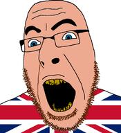 blue_eyes brown_hair clothes flag flag:united_kingdom glasses shock soyjak teeth united_kingdom variant:cobson white_skin yellow_teeth // 721x789 // 37.8KB