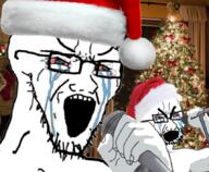 2soyjaks arm bloodshot_eyes christmas clothes crying glasses hand hat holding_object irl_background large_eyebrows microphone open_mouth osama_bin_laden santa santa_hat singing soyjak stretched_mouth stubble variant:cryboy_soyjak variant:soyak // 857x704 // 770.9KB