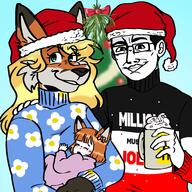 SLLSFHM animal aryan baby blue_eyes christmas christmas_tree clothes family flower fox furry glasses hair hat hmofa human_male_on_female_anthro hybrid millions_must_die mistletoe plant red_hair redraw subvariant:trad_wife sweater variant:chudjak yellow_hair // 4096x4096 // 679.4KB