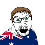 australia brown_hair clothes country flag flag:australia glasses green_eyes hair open_mouth soyjak star_(symbol) stubble variant:feraljak // 1500x1500 // 80.7KB