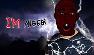 arm black_skin clothes glasses lightning low_tier_god nigger open_mouth soyjak stubble text tshirt variant:shirtjak // 679x403 // 132.2KB