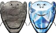 2soyjaks coal coal_skin ear gem gem_skin looking_at_each_other smile soyjak variant:impish_soyak_ears // 588x346 // 268.9KB
