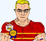 1488 animal arm award belarus bird blue_eyes buff bull cannon christianity chud closed_mouth clothes crown eastern_orthodox eyes_like_the_o-o-cean flag flag:russia flag:smolensk_oblast glasses hair oblast orthodox_cross russia smolensk_oblast soyjak subvariant:chudjak_front subvariant:muscular_chud text transparent transparent_background tshirt variant:chudjak vein yellow_hair // 1059x929 // 92.3KB