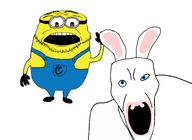 2soyjaks blue_eyes brown_eyes looking_at_you minion mouth_open open_mouth rabbids rabbit rabbit_ears remake stubble teeth text variant:angry_soyjak variant:coinjak white_background yellow_skin // 2200x1600 // 275.6KB