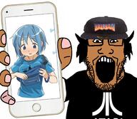 anime arm atari brown_skin cap clothes doom glasses hair hand hat heart holding_object holding_phone iphone madoka_magica miki_sayaka open_mouth phone soyjak stubble subvariant:phoneplier subvariant:phoneplier_vertical tshirt variant:markiplier_soyjak // 2160x1884 // 357.9KB