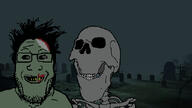 2soyjaks are_you_soying_what_im_soying bone closed_mouth glasses gravestone graveyard green_skin hair halloween looking_at_each_other series:skeletonjaks skeleton skull smirk soyjak stubble subvariant:wholesome_soyjak undead variant:gapejak variant:markiplier_soyjak zombie // 641x360 // 111.6KB