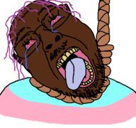 ack black_skin bloodshot_eyes brown_troonjak crying gemersonlakeandpalmer_(user) glasses hair hanging mustache purple_hair rope soyjak stubble suicide template tongue tranny variant:bernd yellow_teeth // 768x719 // 21.3KB