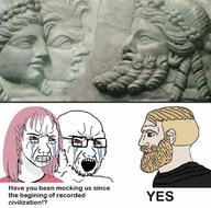 babylon bloodshot_eyes crying daddy's_girl female glasses history nebuchadnezzar nordic_chad open_mouth soyjak stubble text variant:soyak wojak // 680x672 // 74.6KB