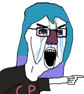 PlutonicClown angry bloodshot_eyes blue_hair chud crying doomentio doomposting doomverse kenlwright looking_to_the_right open_mouth pointing red_eyes white_background // 680x762 // 115.3KB