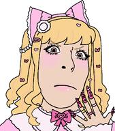 angry blond bow brown_eyes dress female hair_clip lipstick long_hair looking_at_you makeup mouth_closed nail_polish subvariant:himeson variant:cobson white_skin // 962x1094 // 127.3KB