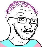 clothes flag:transgender_pride_flag glasses hair looking_at_you open_mouth purple_hair stubble subvariant:soyak_(concerned) tranny variant:soyak white_background worried // 708x800 // 12.2KB