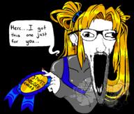arm artist:mr_thou award beard black_background blue_eyes clothes girl glasses hair_intakes holding_award holding_object nigger open_mouth speech_bubble stretched_mouth subvariant:wewjak text twitter variant:soyak watermark woman x xitter yellow_hair // 814x692 // 84.5KB
