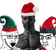 2soyjaks christmas clothes elf gift gigachad glasses hair hat open_mouth santa_hat soyjak stubble variant:chudjak variant:soyak // 1596x1444 // 415.3KB
