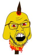 blood dog ear glasses gore impaled janny naruto_(series) red_eyes severed_head sharingan soyjak stake stubble variant:feraljak yellow_skin // 300x500 // 90.5KB