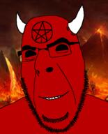 black_sclera demon facial_mark fire forehead_mark glasses hell horn lava mark_of_the_beast no_pupils pentagram pentagram_forehead_mark red_skin satan smile soyjak stubble tattoo variant:cobson // 721x891 // 247.2KB