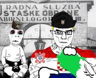 Chetnik baby blue_eyes chetniks closed_mouth clothes croatia croatia_vs_serbia croatian_text flag flag:croatia_ustasha glasses greater_croatia hair holding_object independent_state_of_croatia jasenovac muscles red_eyes serbia smile stubble subvariant:muscular_chud teeth ustasha variant:chudjak variant:cobson yellow_hair // 617x500 // 366.1KB