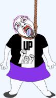 ack arm bloodshot_eyes brazil clothes crying dead fist flag full_body glasses hair hand hanging leg mustache open_mouth politics popular_unity_(brazil) purple_hair rope shoe skirt soyjak stick stubble suicide template tongue tranny tshirt up variant:bernd yellow_teeth // 1375x2392 // 404.6KB