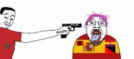 arabic_text blood closed_mouth clothes firearm glasses gun hair holding_gun holding_object holding_pistol imminent_death isis islam meta:tagme morocco murder mustache open_mouth pistol purple_hair smile soyjak spain stubble tongue tranny variant:chudjak weapon yellow_teeth ywnbaw // 1166x515 // 124.7KB