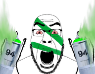 94 beard bloodshot_eyes brap eyebrows gaping_mouth glasses green irl meta:not_oc open_mouth raid_spray red_eyes soyjak spanish_text spray spraypaint stubble subvariant:cobson_front2 variant:cobson // 1377x1068 // 1.1MB