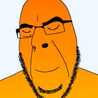 calm closed_eyes closed_mouth glasses orange_skin smile soyjak stubble variant:cobson warm // 721x720 // 161.2KB