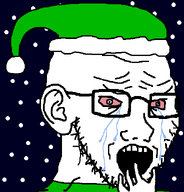 bloodshot_eyes christmas christmas_elf christmas_hat clothes crying elf glasses green_shirt hand hat mindbroken open_mouth red_eyes scared snow soyjak variant:soyak // 559x582 // 16.4KB