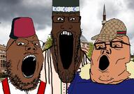 3soyjaks black_skin brown_skin building cap clothes fez glasses hat irl_background islam mustache open_mouth soyjak soyjak_trio stretched_mouth stubble taqiyah variant:gapejak variant:markiplier_soyjak variant:tony_soprano_soyjak // 828x581 // 403.7KB